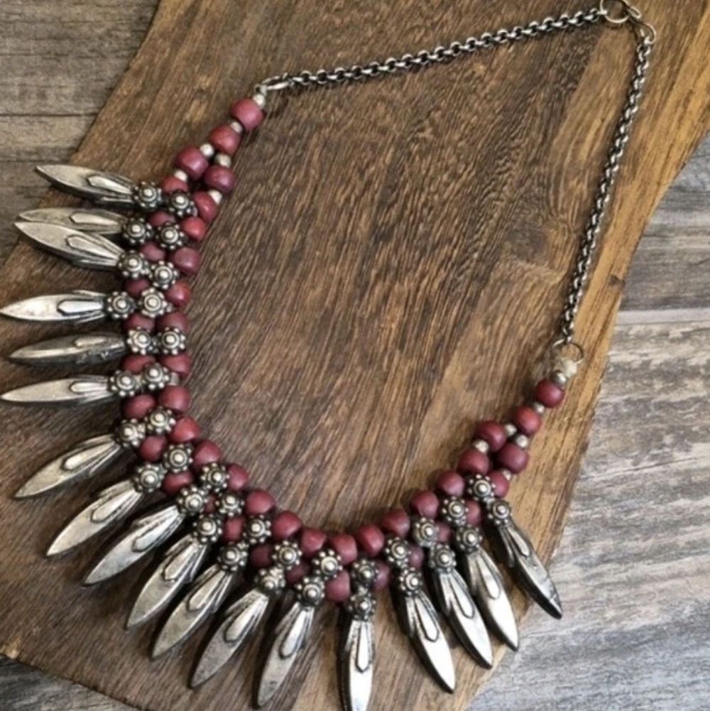 Vintage Silver Tone & Deep Red Beaded Necklace